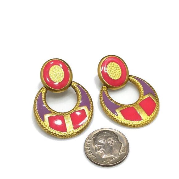 Vintage Hot Pink, Lavender, and Gold Post Drop Earrings, BJI Designer, 1 1/2 In - Picture 8 of 9